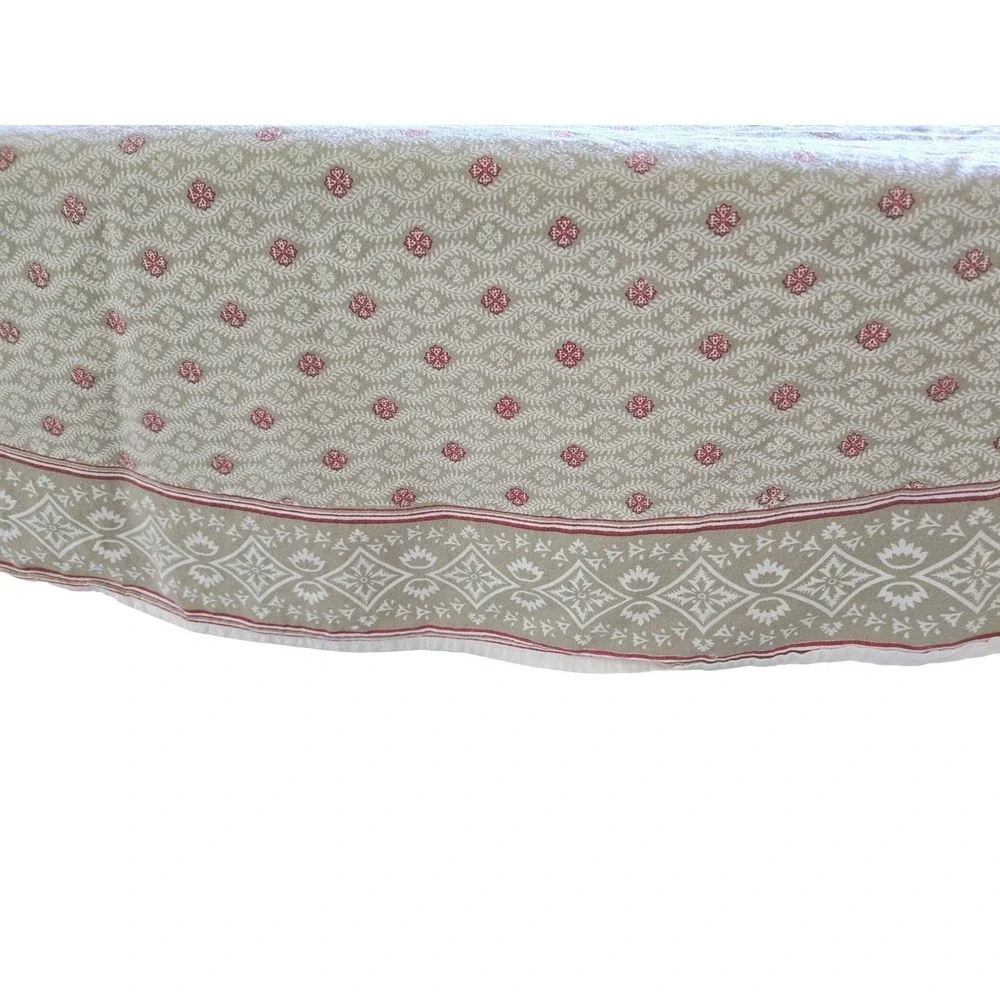 Williams-Sonoma 90 Inch Round Tablecloth 100% Cotton Taupe Red Floral Trellis